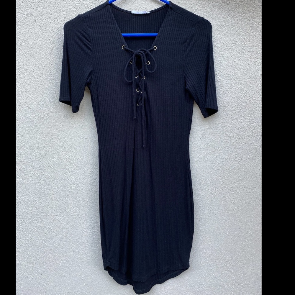 Black Ribbed Lace Up Dress
